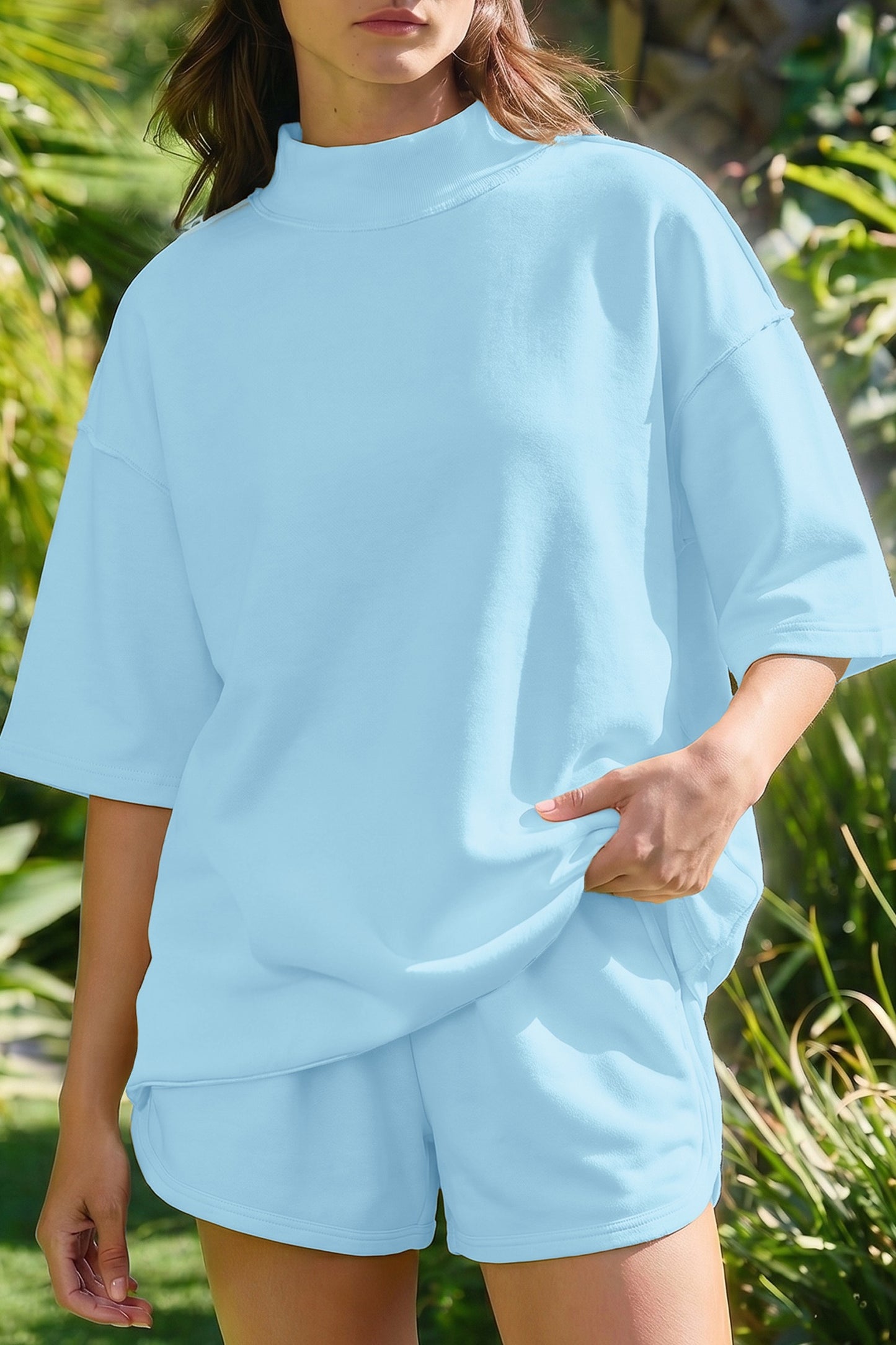 Blue Cream Solid Color Exposed Seam Mock Neck Oversize Tee Casual Shorts 2pcs Set