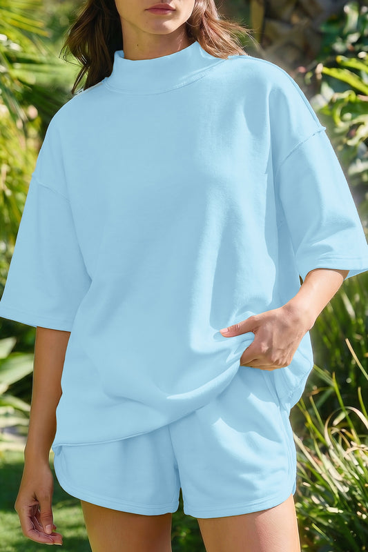 Blue Cream Solid Color Exposed Seam Mock Neck Oversize Tee Casual Shorts 2pcs Set