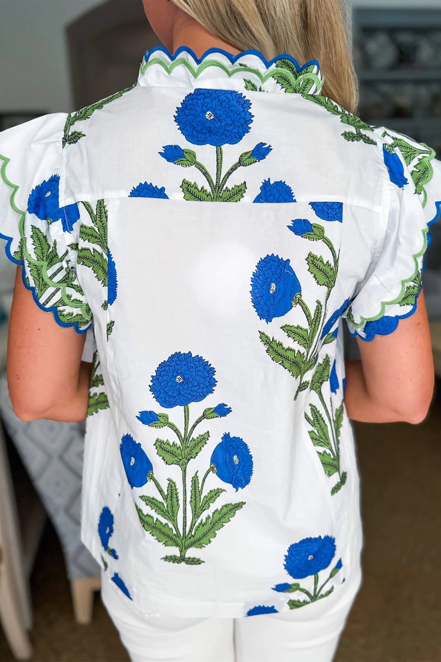 Blue Wild Flower Print Contrast Trim Scallop Detail Short Sleeve Top