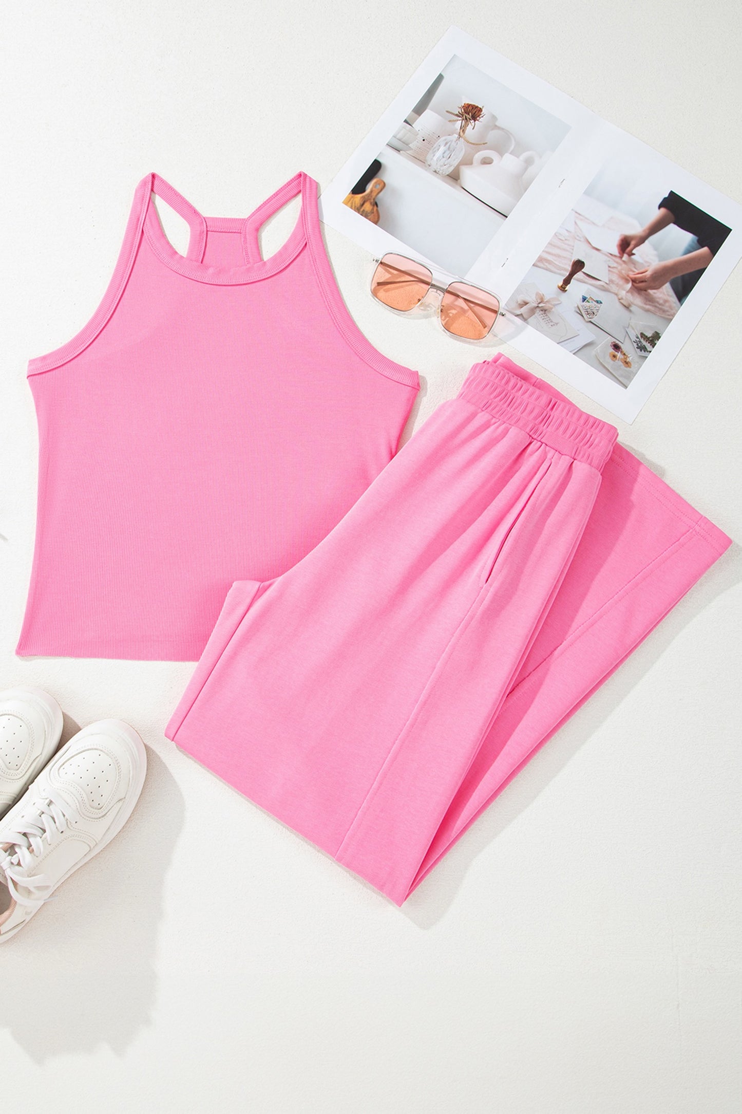 Pink Slim Ribbed Tank Top and Sweatpant Set