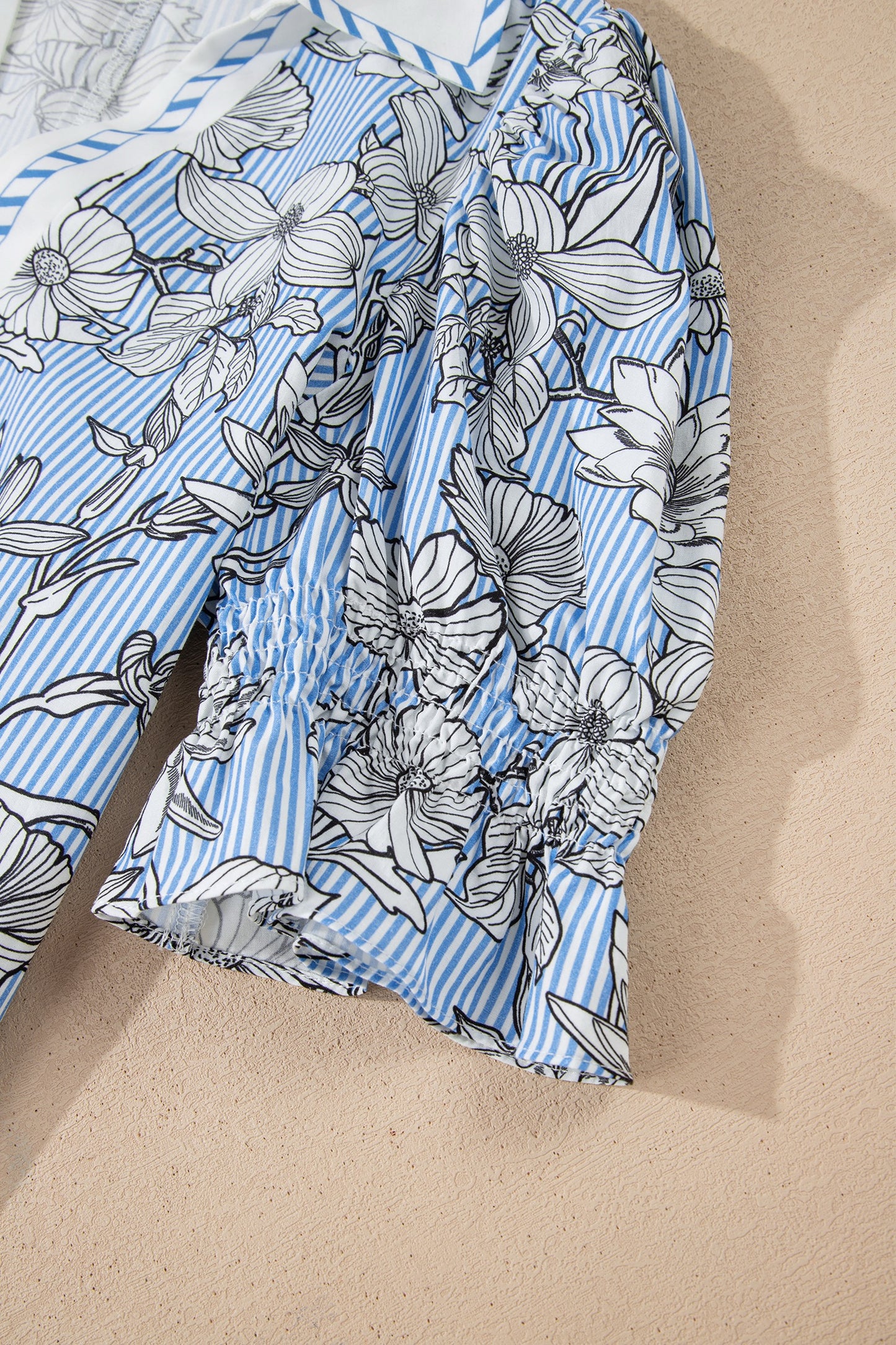 Sky Blue Floral Striped Printed Polo Collar Short Sleeve Blouse