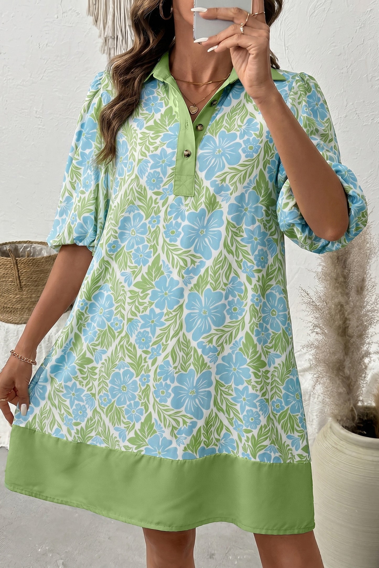 Blue Floral Print Color Block Patchwork Shirt Collar Half Sleeve Mini Dress