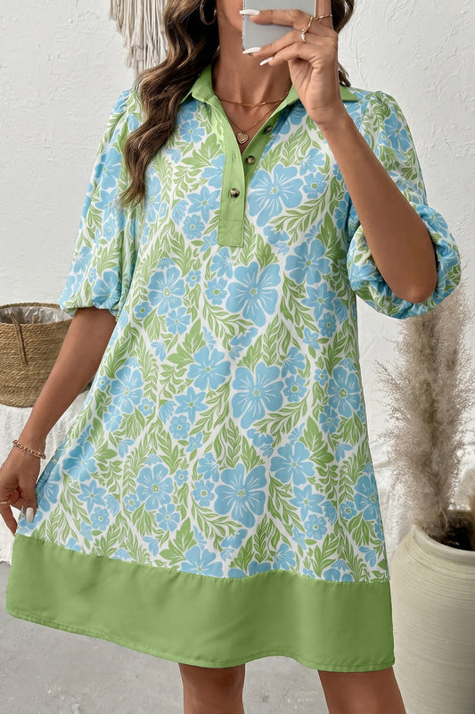 Blue Floral Print Color Block Patchwork Shirt Collar Half Sleeve Mini Dress
