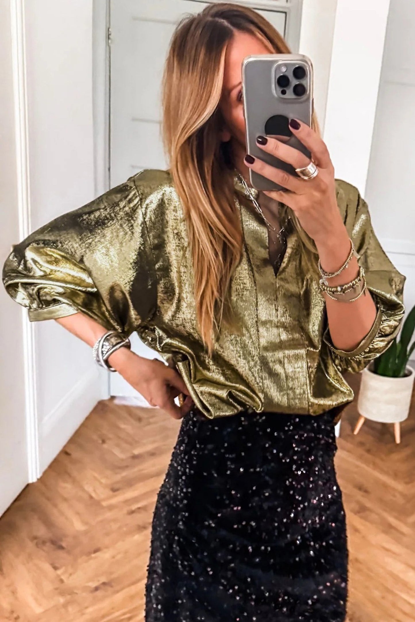 Gold Metallic Split Neck Half Sleeve Blouse