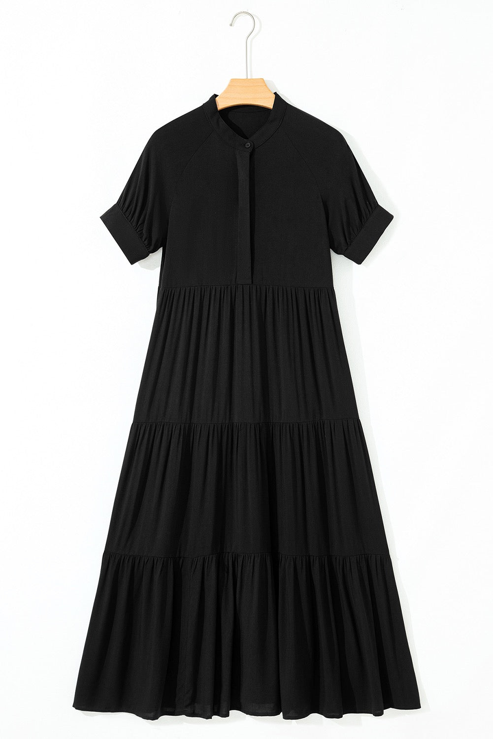 Black Hidden Buttons Short Sleeve Ruffle Tiered Long Flared Dress