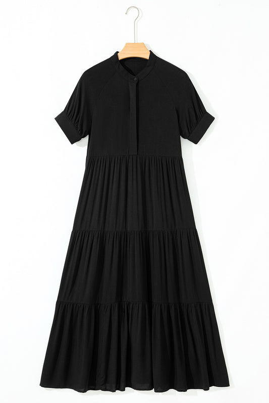 Black Hidden Buttons Short Sleeve Ruffle Tiered Long Flared Dress