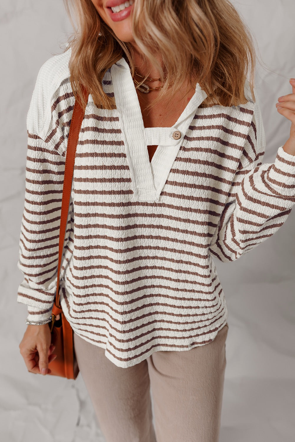 Khaki Stripe Textured Hooded V Neck Casual Long Sleeve Top