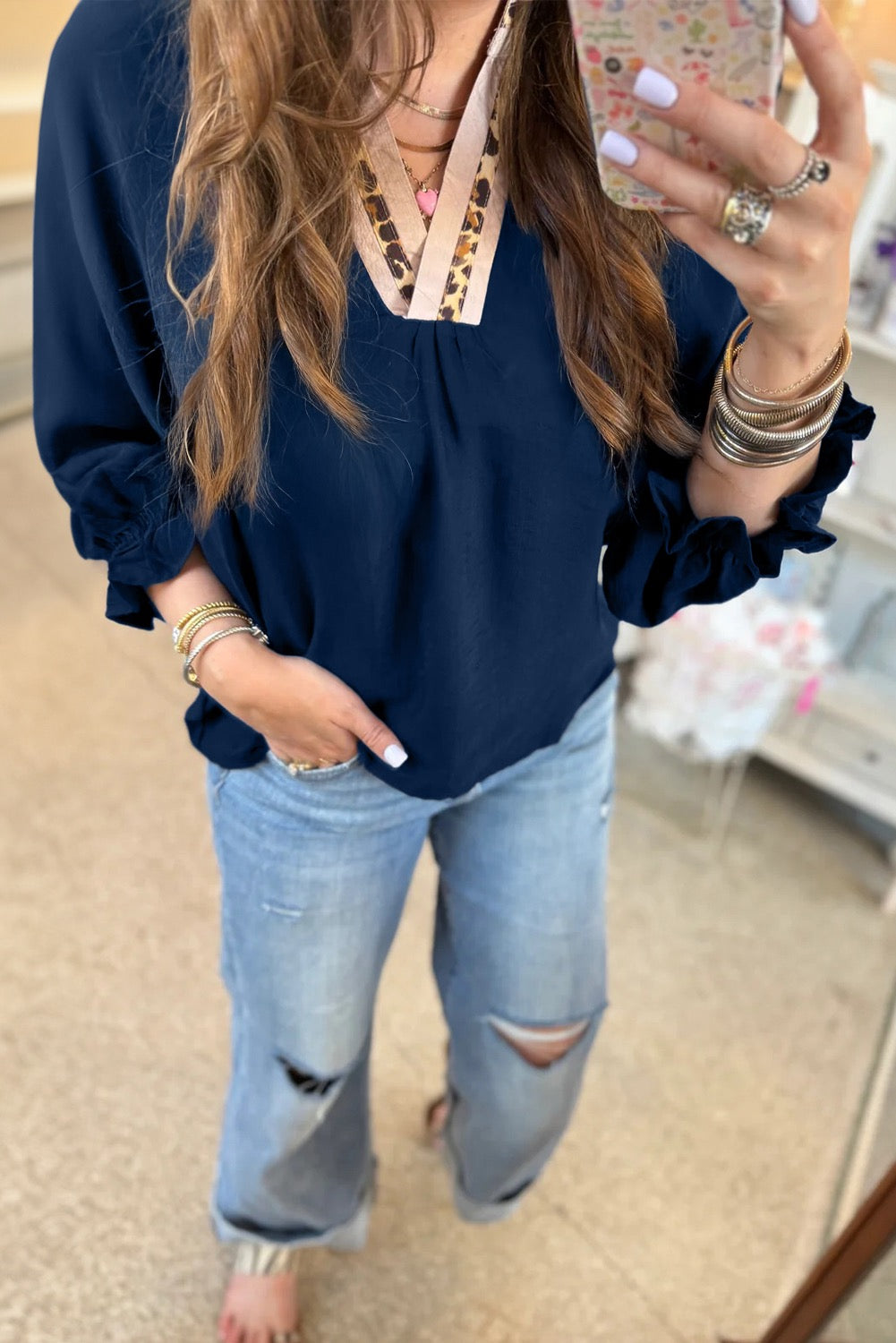 Navy Blue Contrast Leopard Patchwork Collar Plus Size Long Flounce Sleeve Blouse