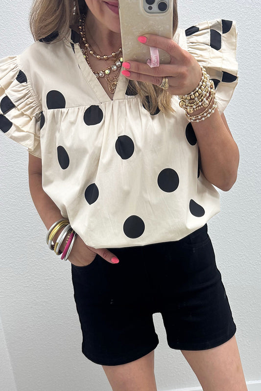 Polka Dot V-Neck Ruffle Short Sleeve Shift Blouse