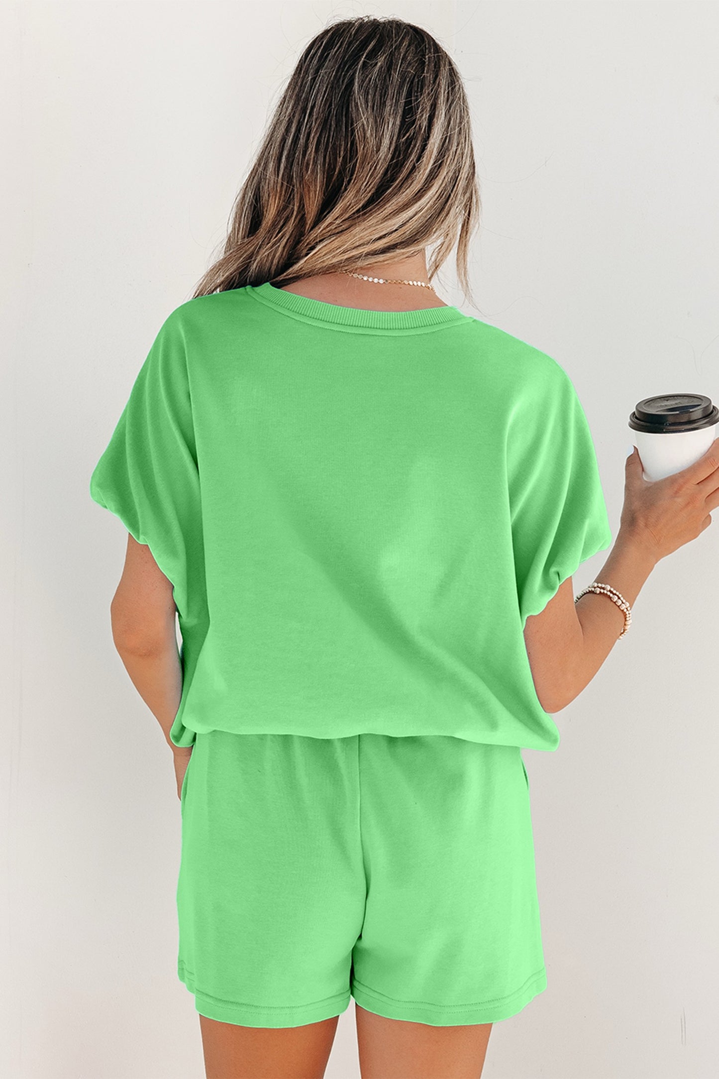 Green Solid Color Puffy Loose Top Drawstring Shorts 2pcs Outfit