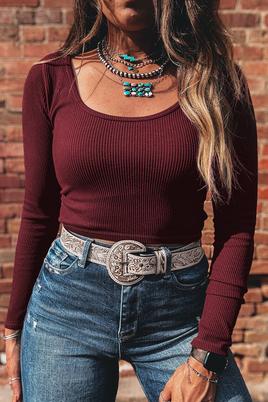 Ribbed Solid Color U Neck Cropped Long Sleeve Top