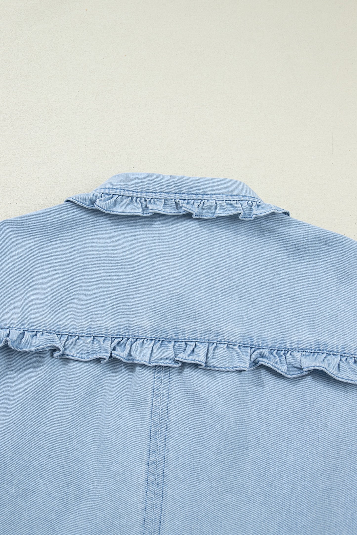 Light Wash Ruffled Edge Collared Shift Denim Dress with Pockets