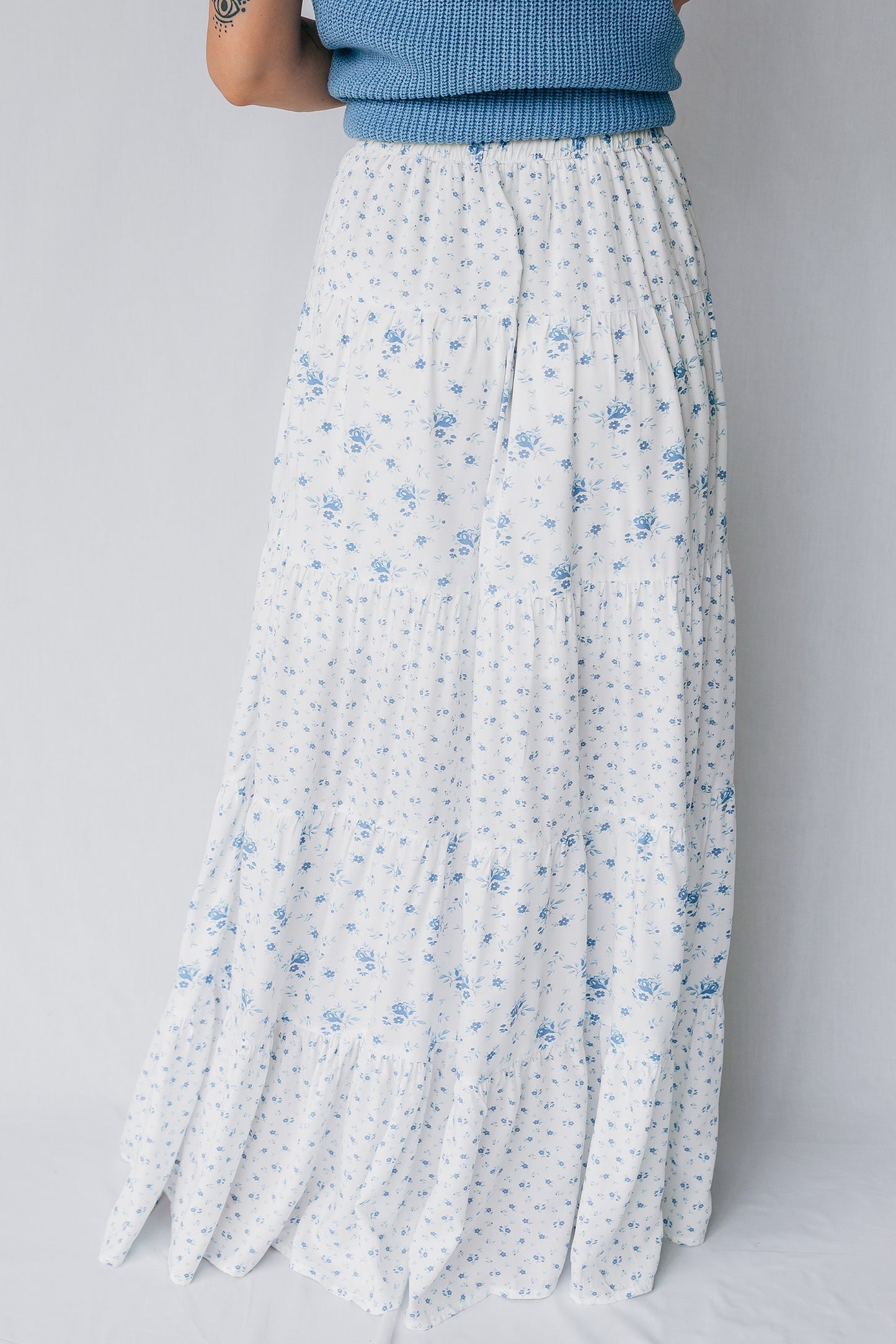 Blue High Waist Tiny Floral Print Boho Maxi Skirt