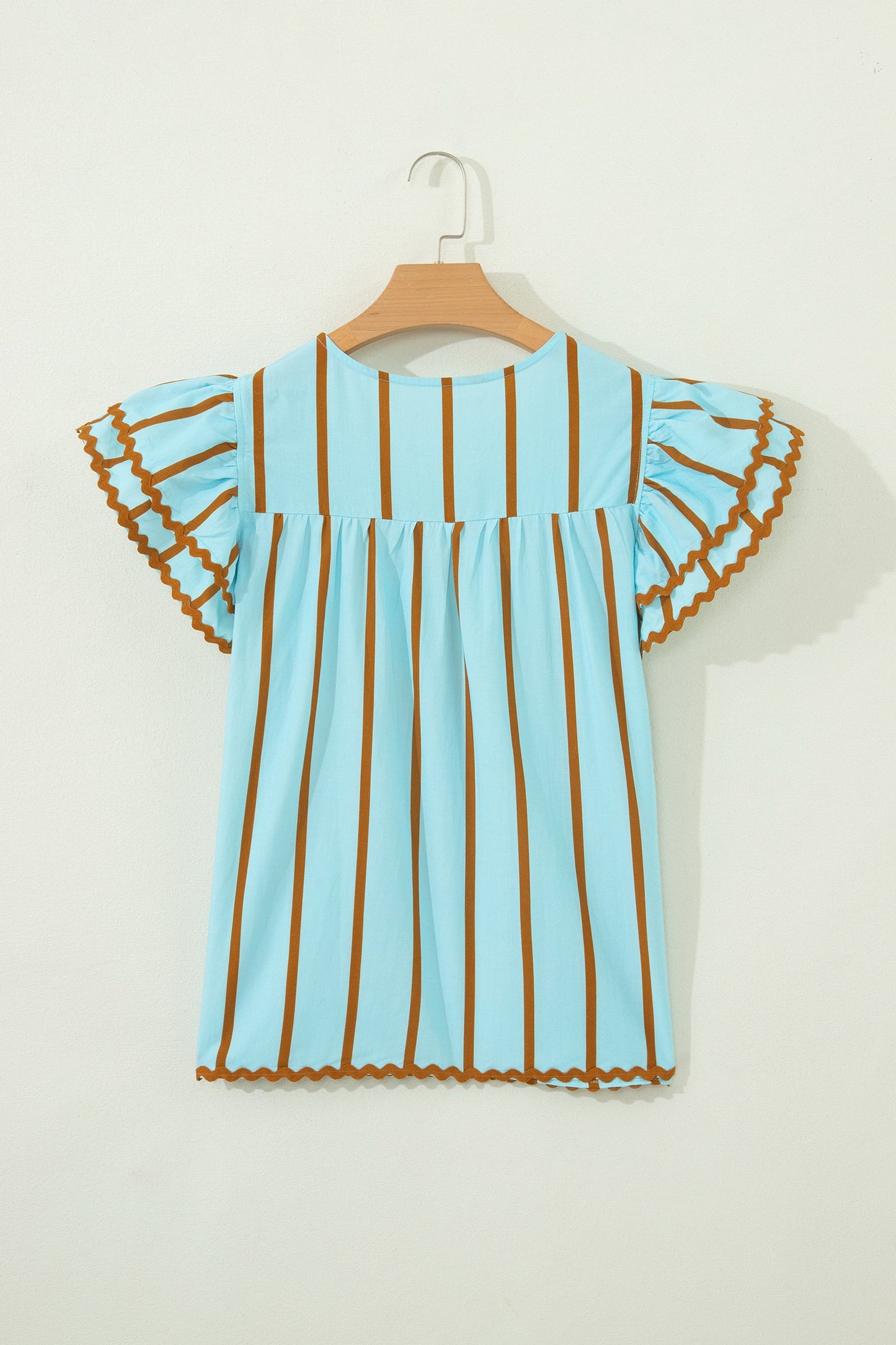 Sky Blue Stripe Ricrac Trim Double Ruffled Short Sleeve V Neck Blouse (ships 5/1)