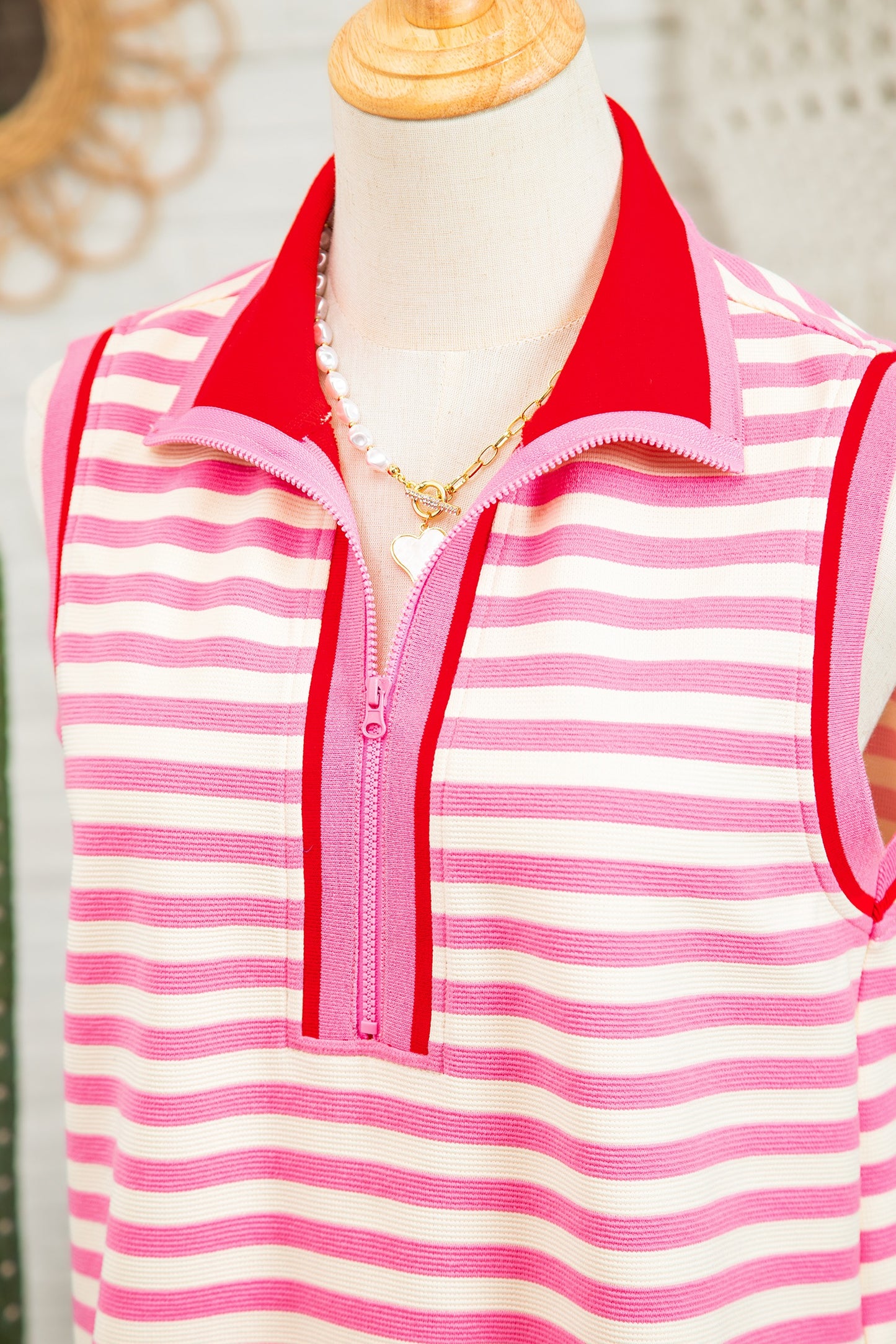Pink Stripe Contrast Trim Short Sleeve Top Loose Skort 2pcs Casual Outfit