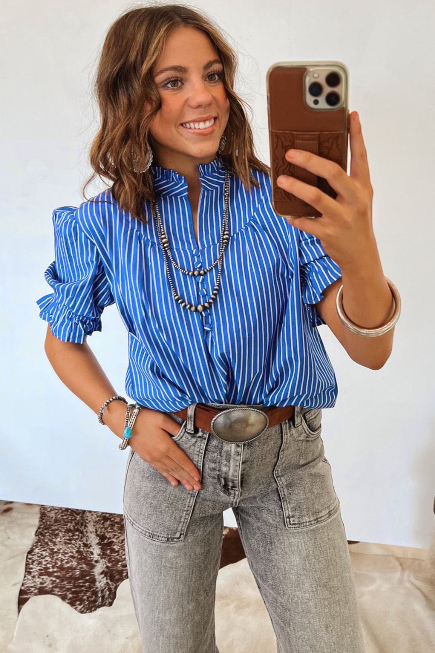 Blue Stripe Ruffled Short Puff Sleeve Button Front Blouse