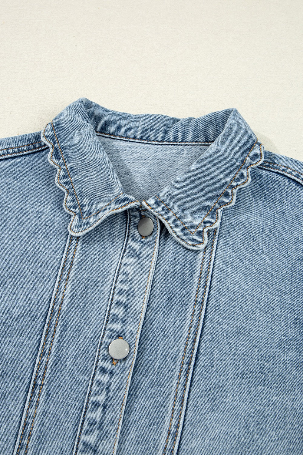 Scallop Trim, Button Up Denim Jacket, Medium Wash