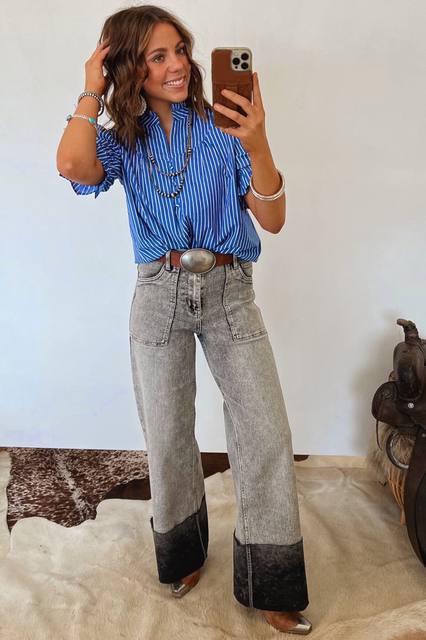 Blue Stripe Ruffled Short Puff Sleeve Button Front Blouse