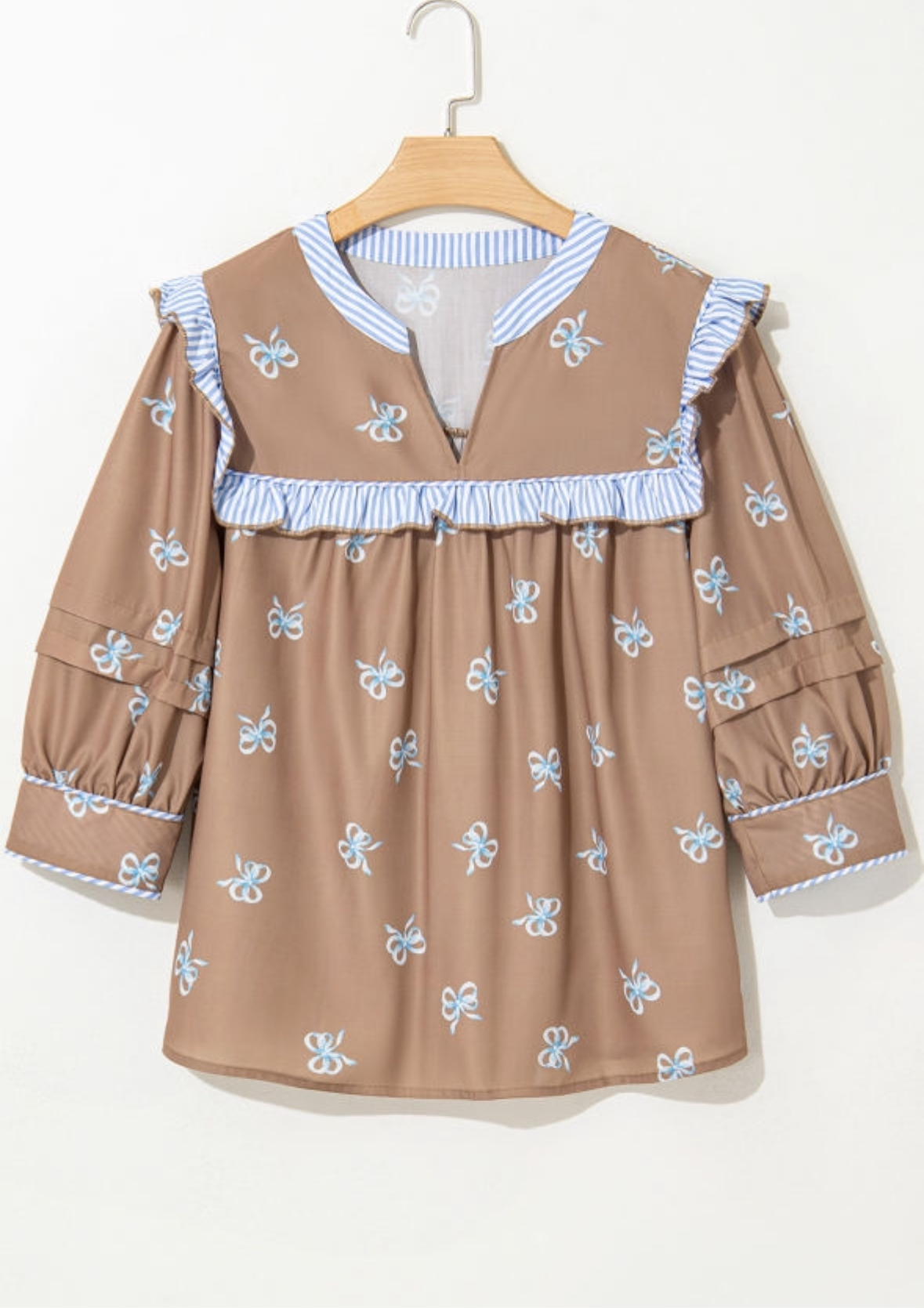 Brown Bow Print Puff Sleeve Blouse