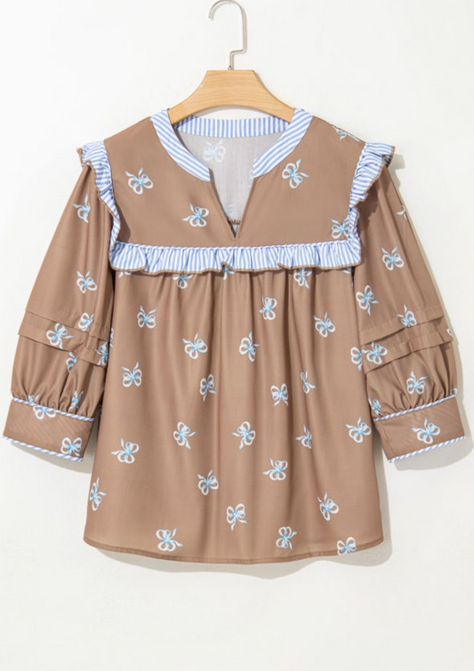 Brown Bow Print Puff Sleeve Blouse