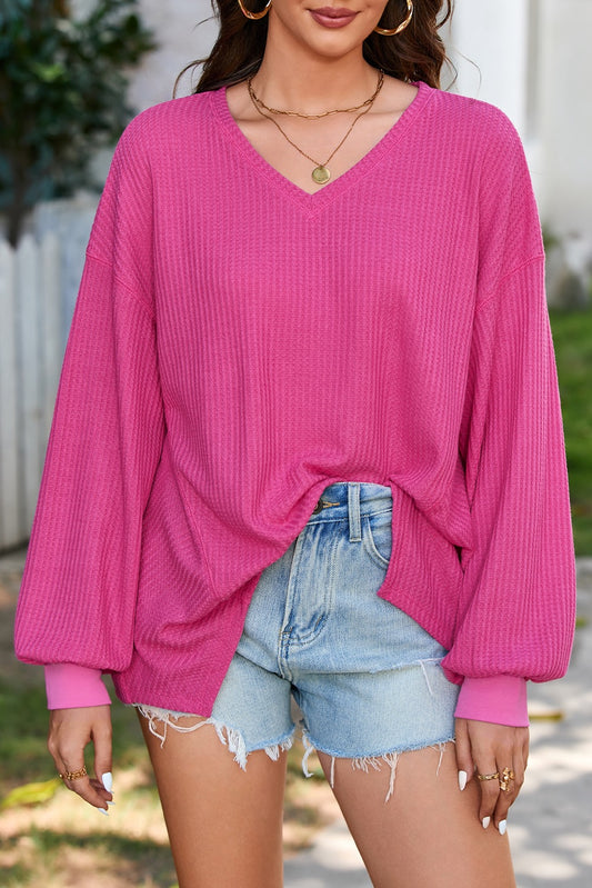 Waffle V Neck Loose Long Sleeve Blouse