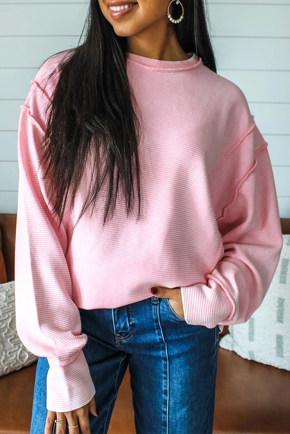 Pink Horizontal Ribbed Exposed Seam Long Sleeve Top