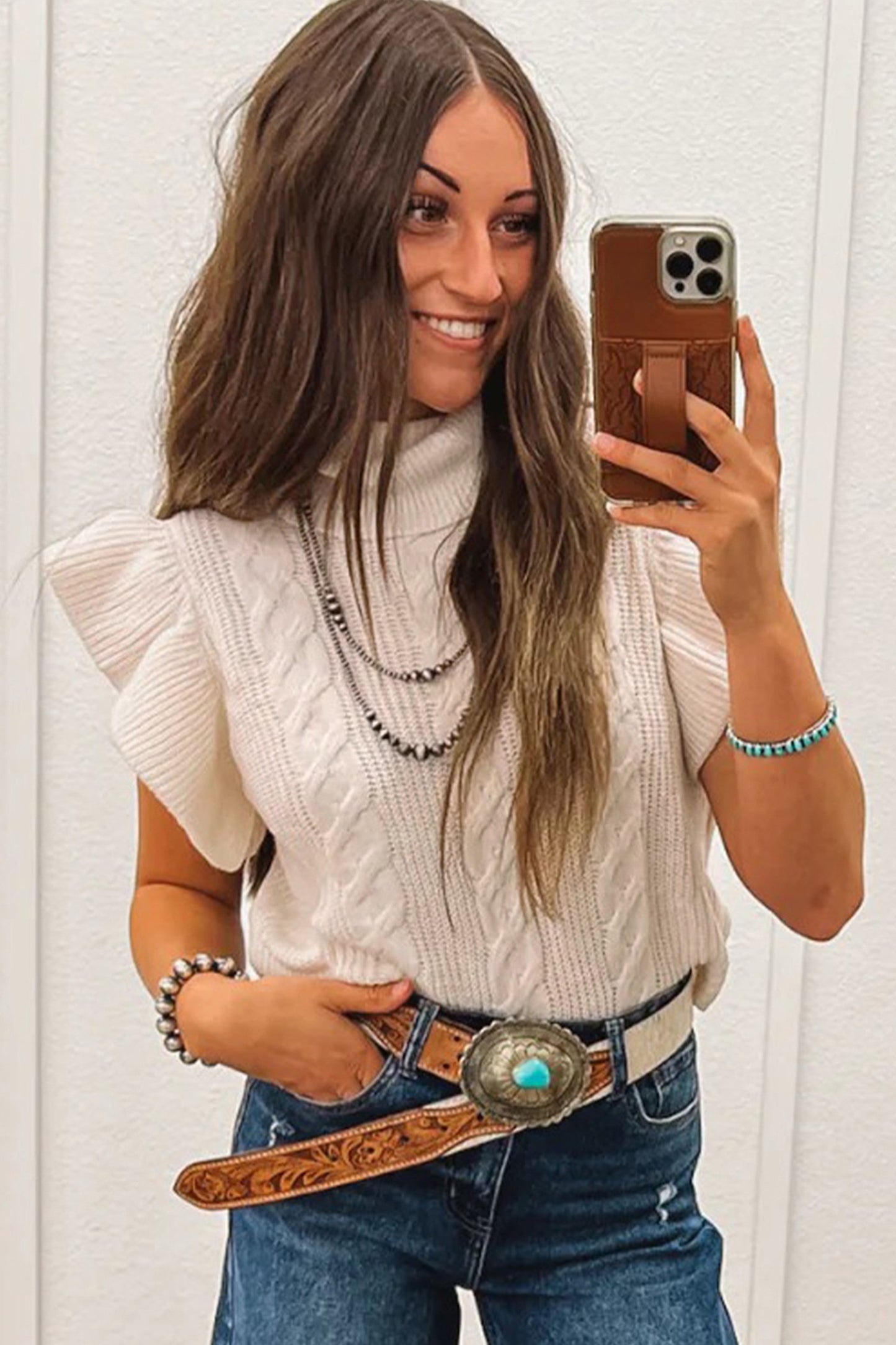 Cable Knit Turtleneck Ruffled
Short Sleeve Sweater