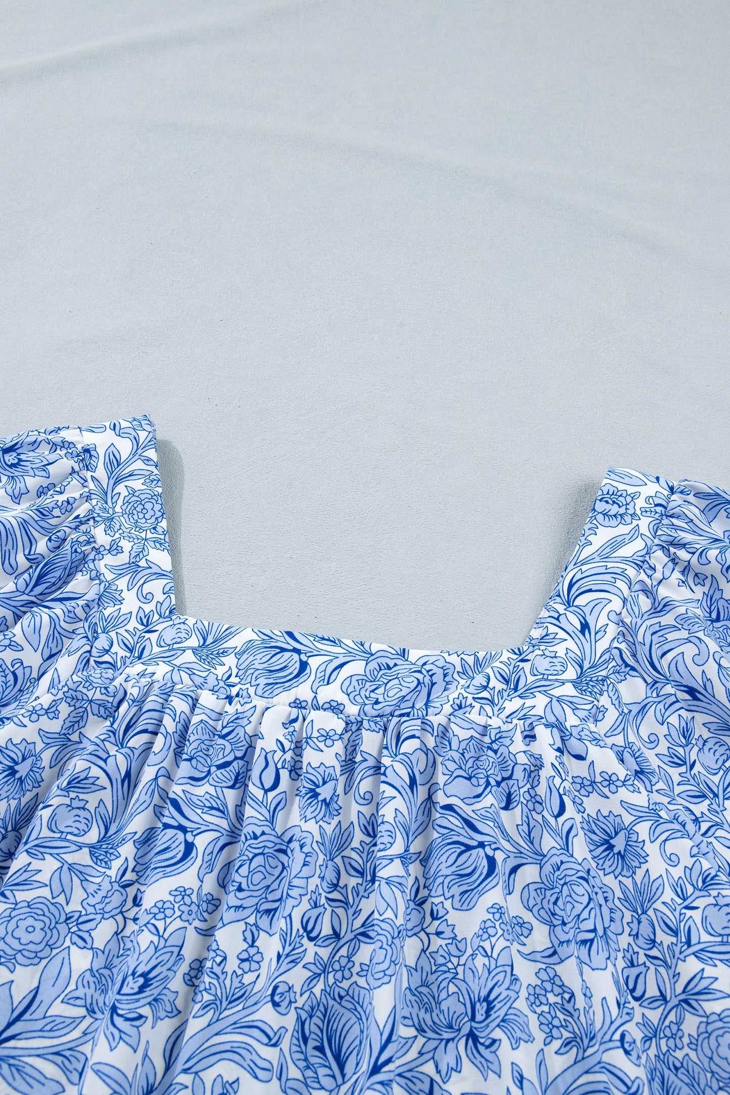Sky Blue Square Neck Short Puff Sleeve Pleated Floral Blouse