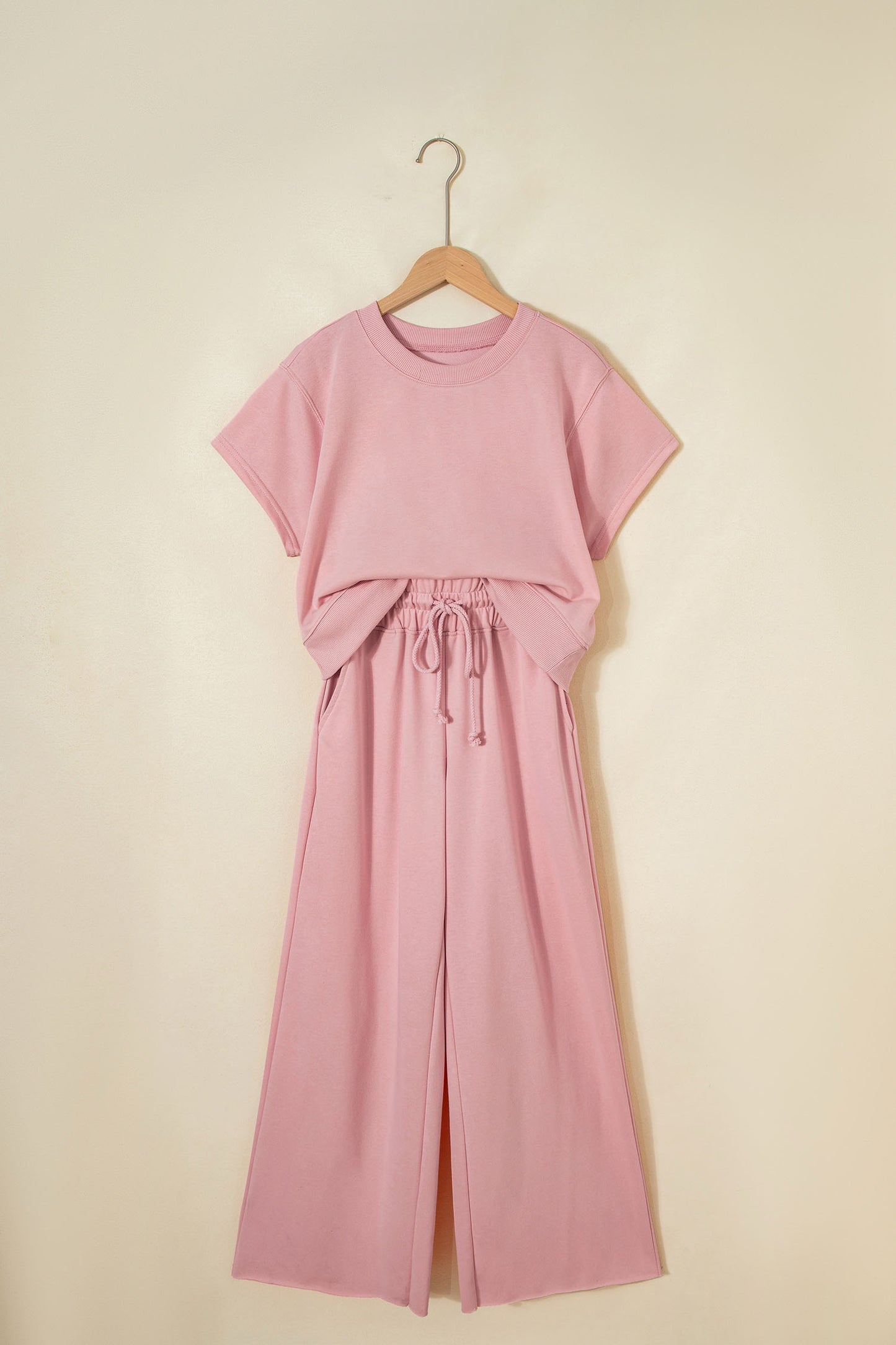 Pink Solid Color Loose Tee Drawstring Wide Leg Pant Set
