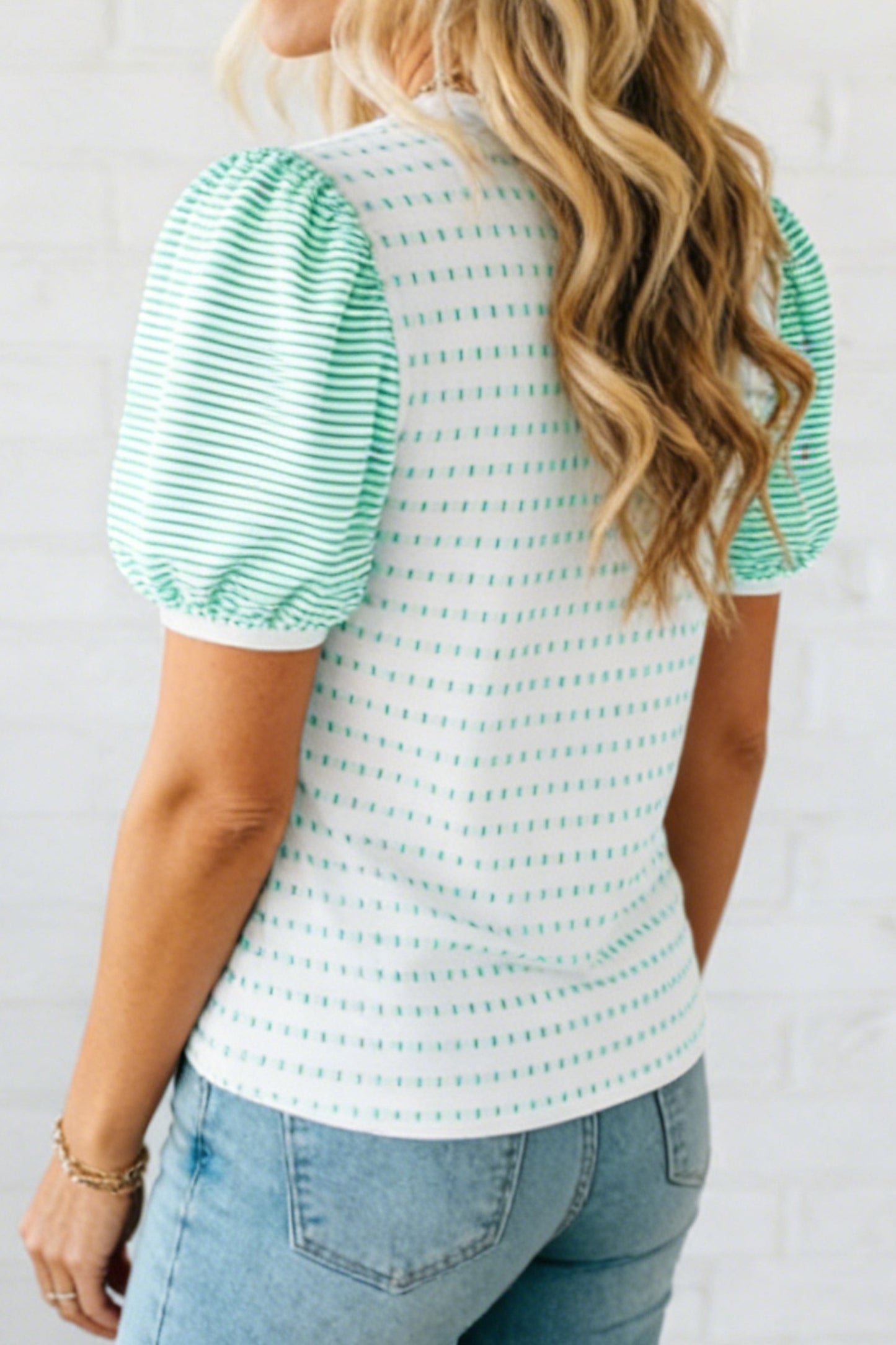Green Striped Short Puff Sleeve