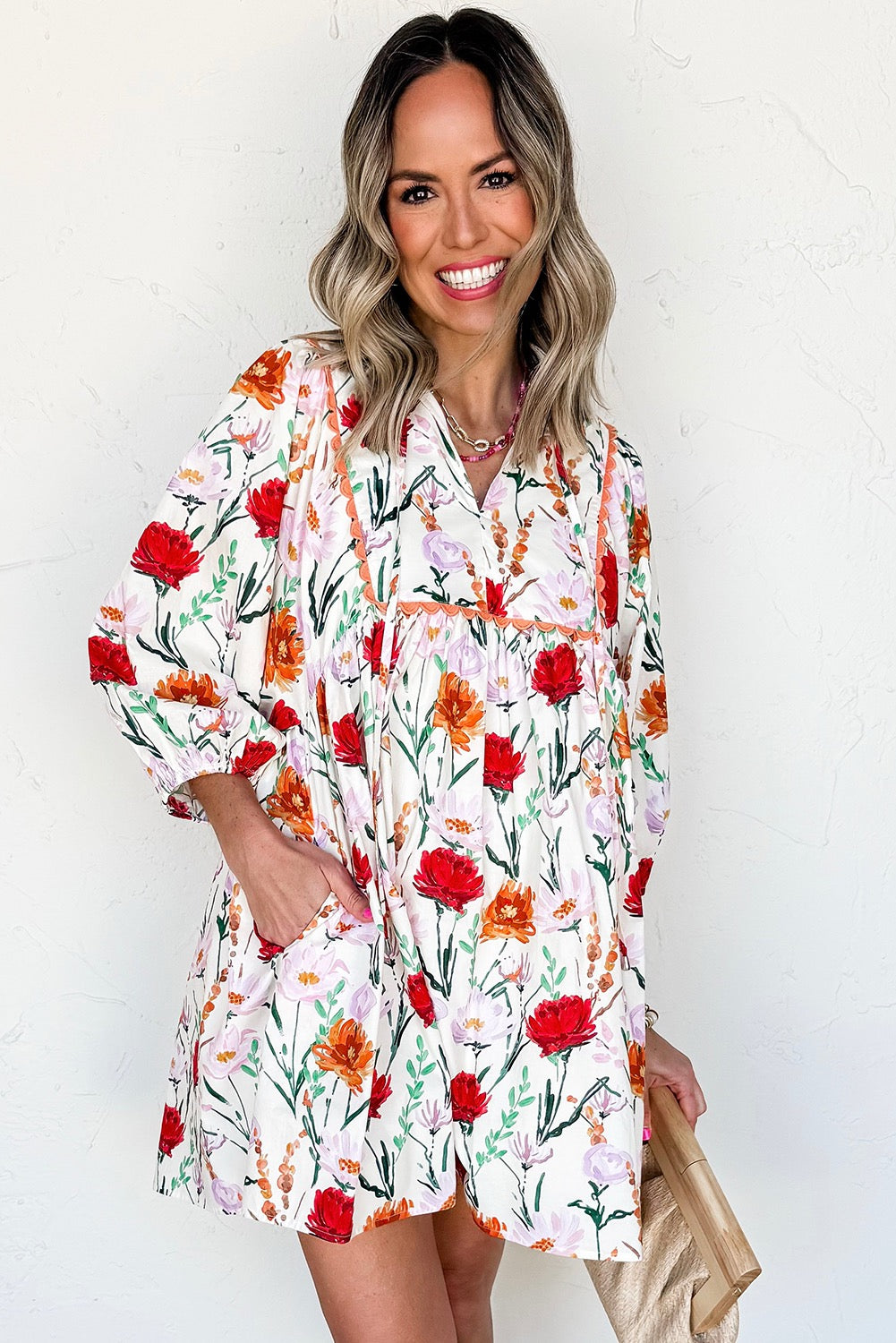 Beige Floral Print 3/4 Puff Sleeve Ricrac Trim Dress
