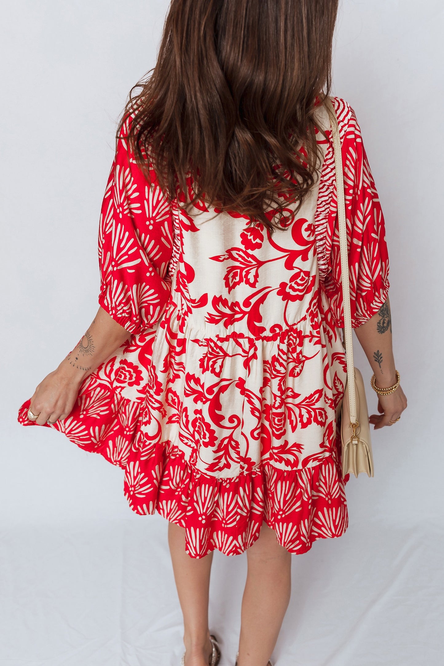 Red Collared V Neck Half Sleeve Loose Dress