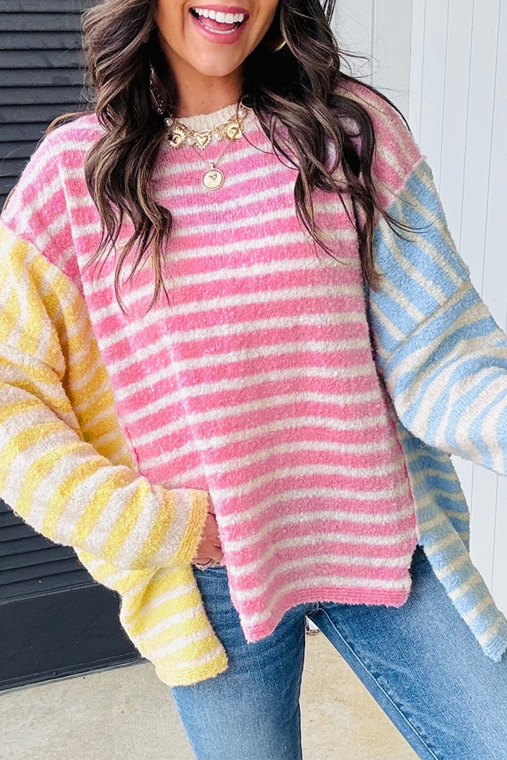 Multicolour Color Block Striped Patchwork Dolman Sleeve