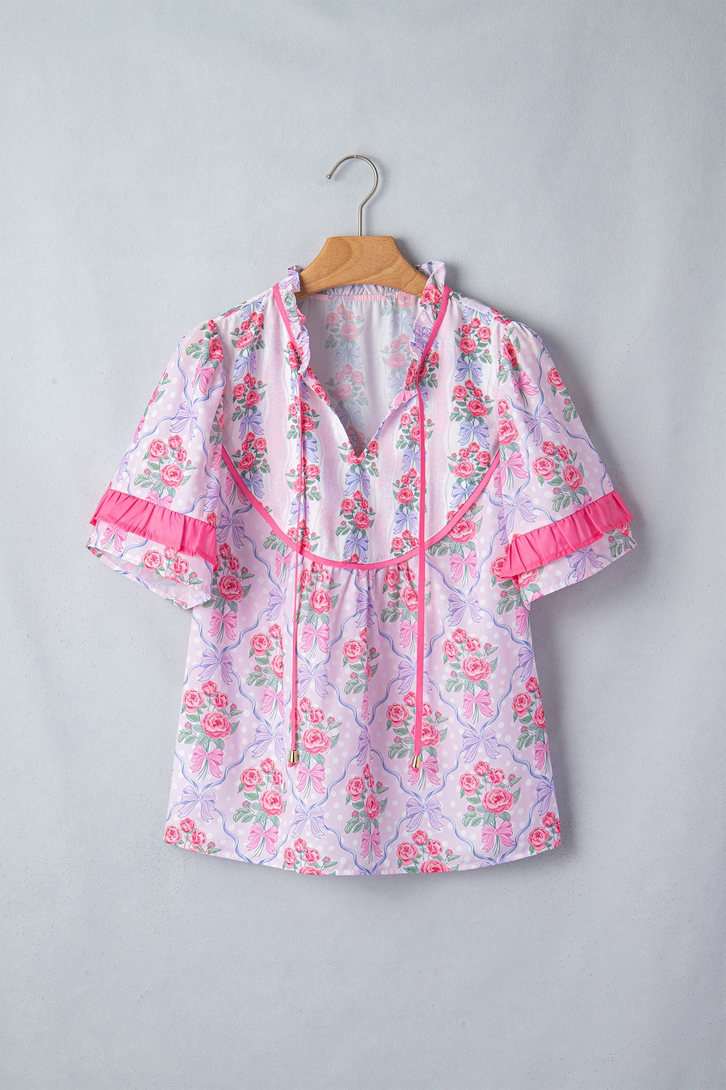 Purple Floral Bow Printed Contrast Ruffled Short Sleeve Blouse