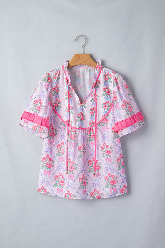Purple Floral Bow Printed Contrast Ruffled Short Sleeve Blouse