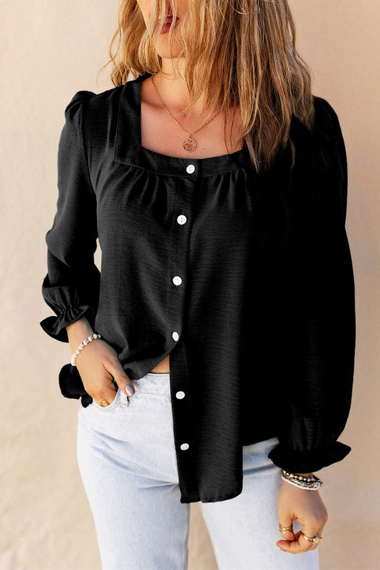 Black Flounce Sleeve Square Neck Top