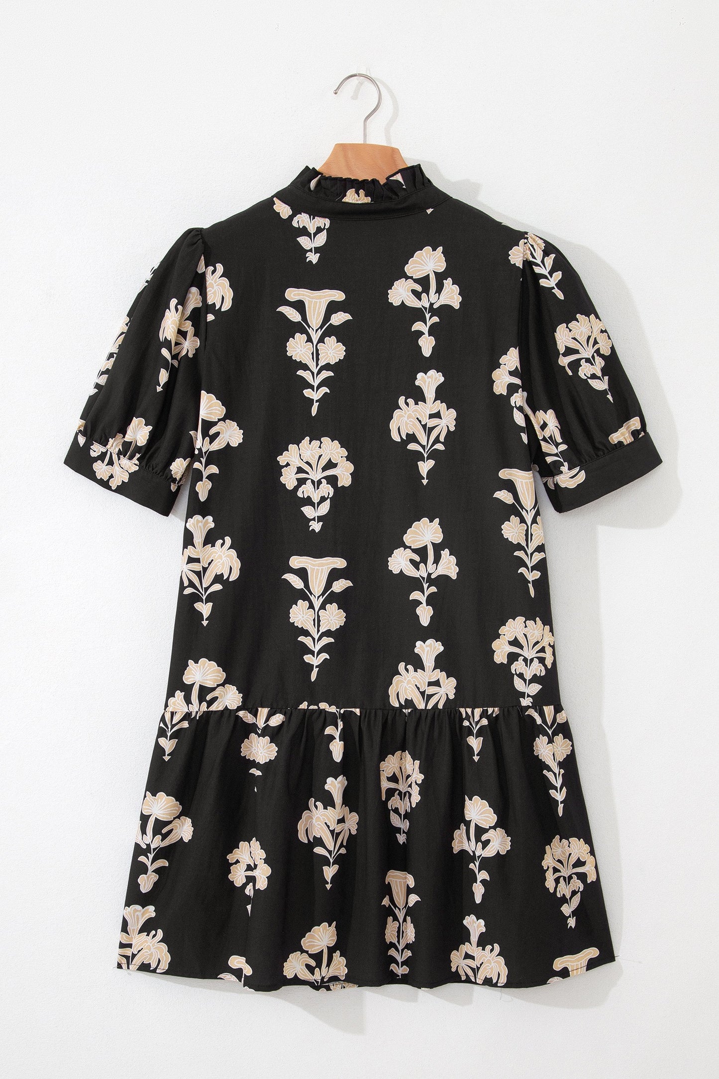 Black Floral Print Frilled Collar Short Puff Sleeve Dress
