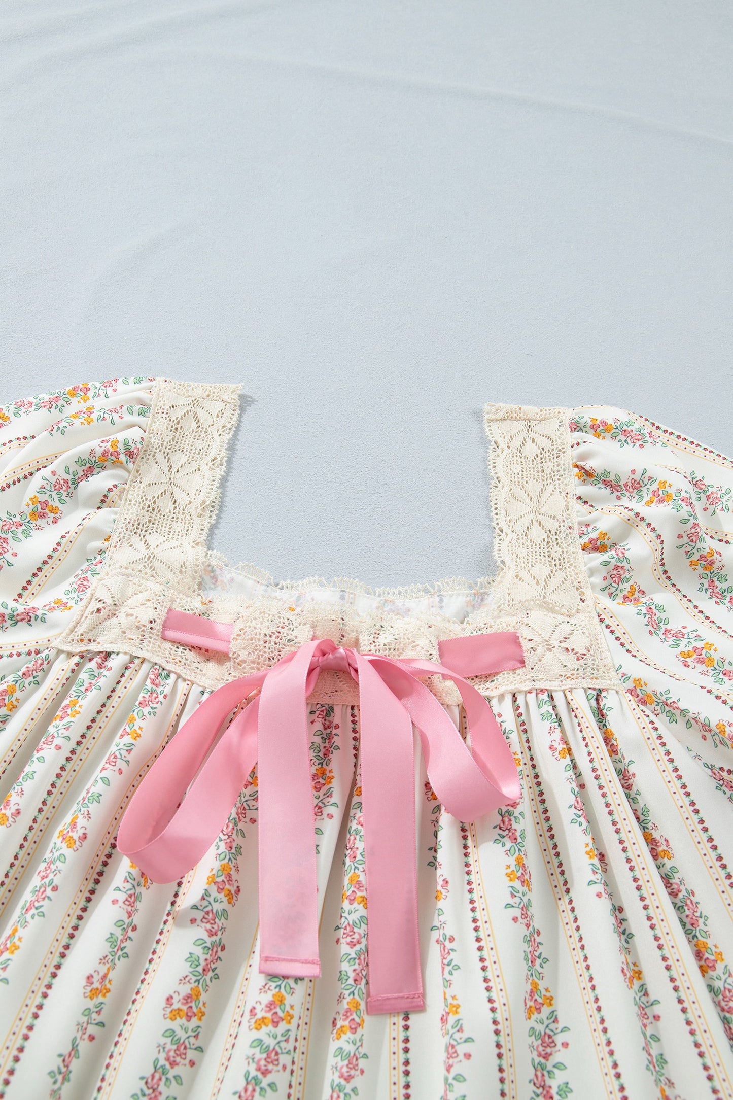 Floral Print Contrast Ribbon Bow Lace Trim Square Neck Dress