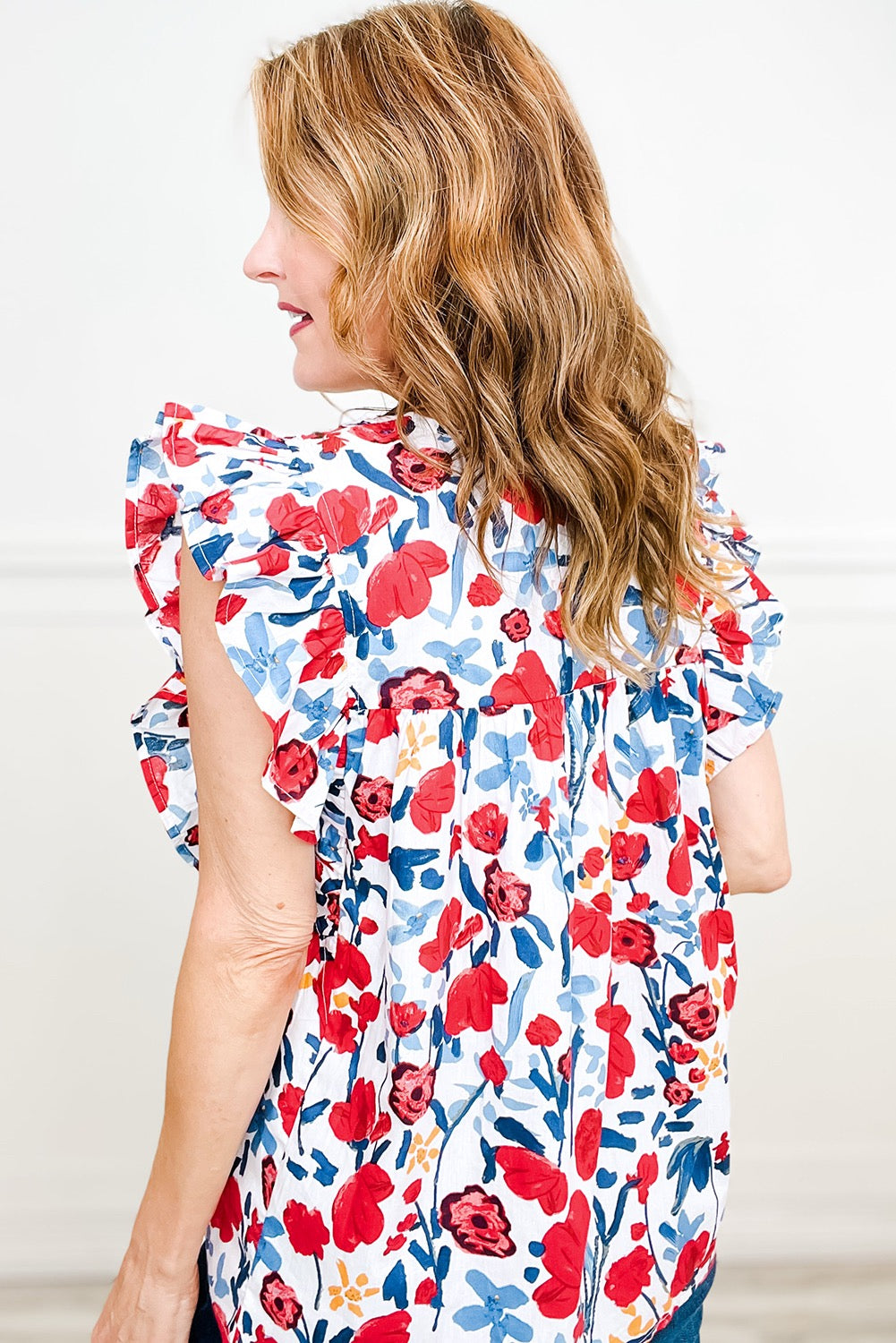 Red Pintick Ruffle Sleeve Top