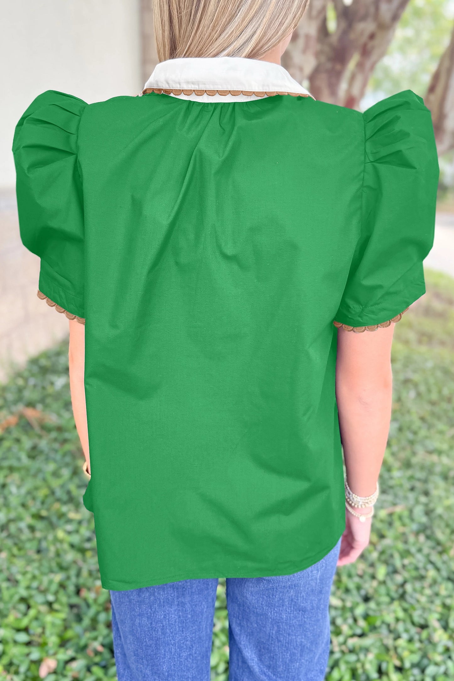 Bright Green Ricrac Trim Color Block Patchwork Collar Short Sleeve Shirt