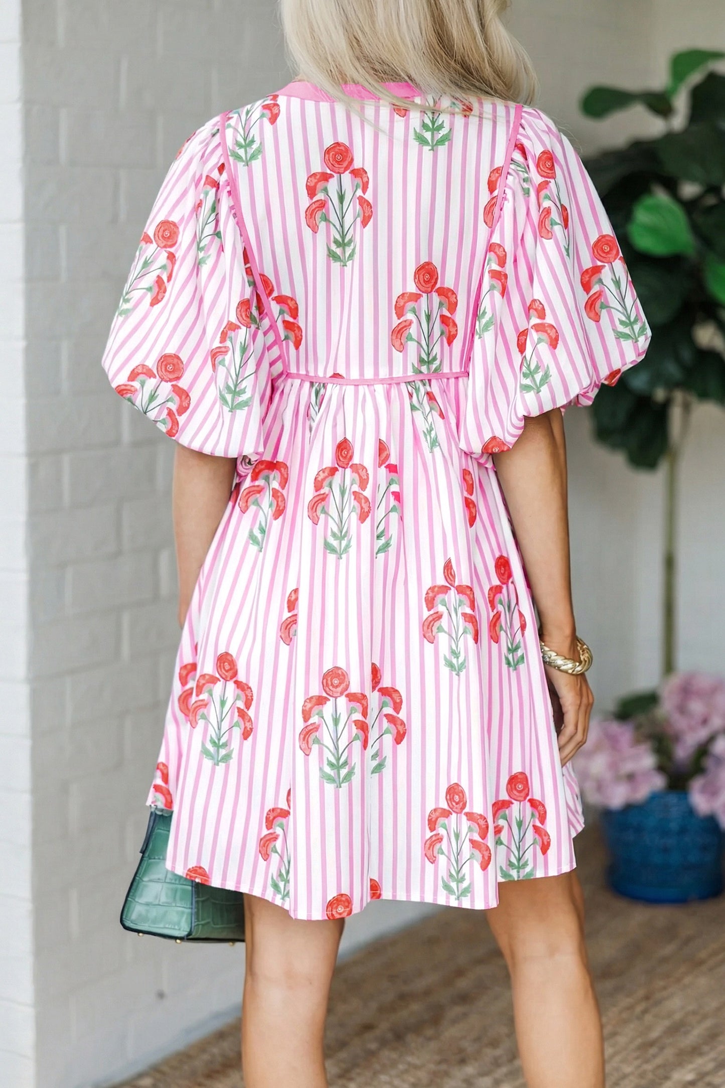 Pink Floral Striped Print Tie Notched Neck G Puff Sleeve Flared Dress