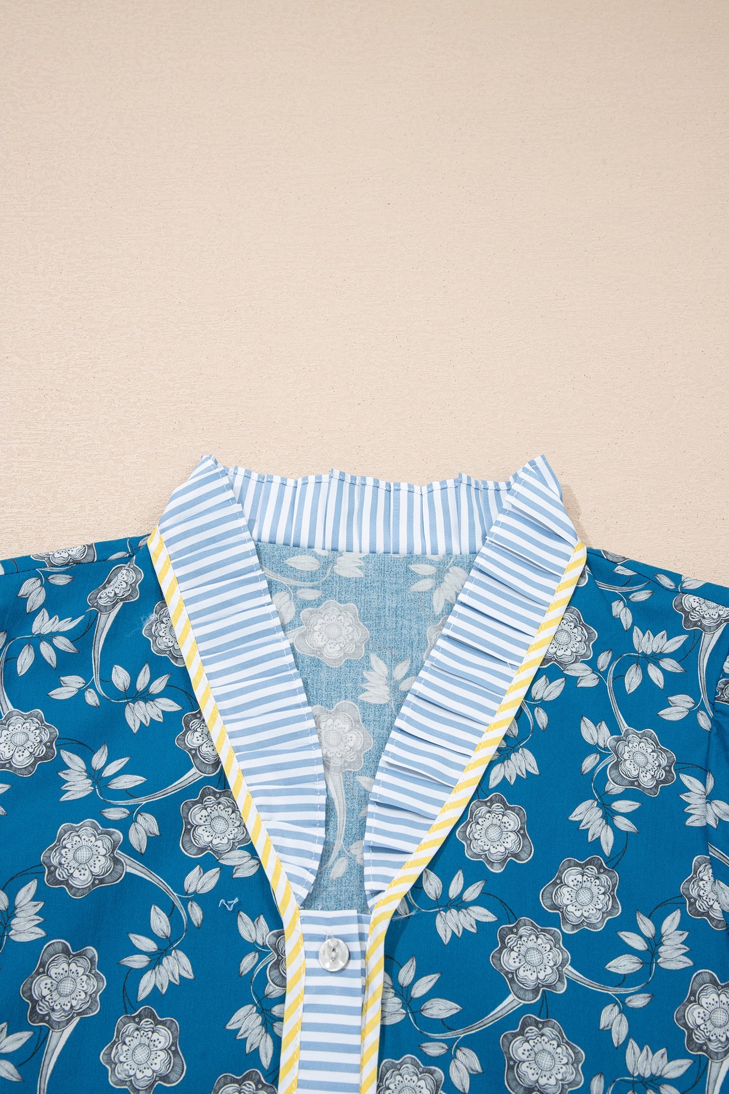 Blue Striped Trim Short Sleeve Floral Dress