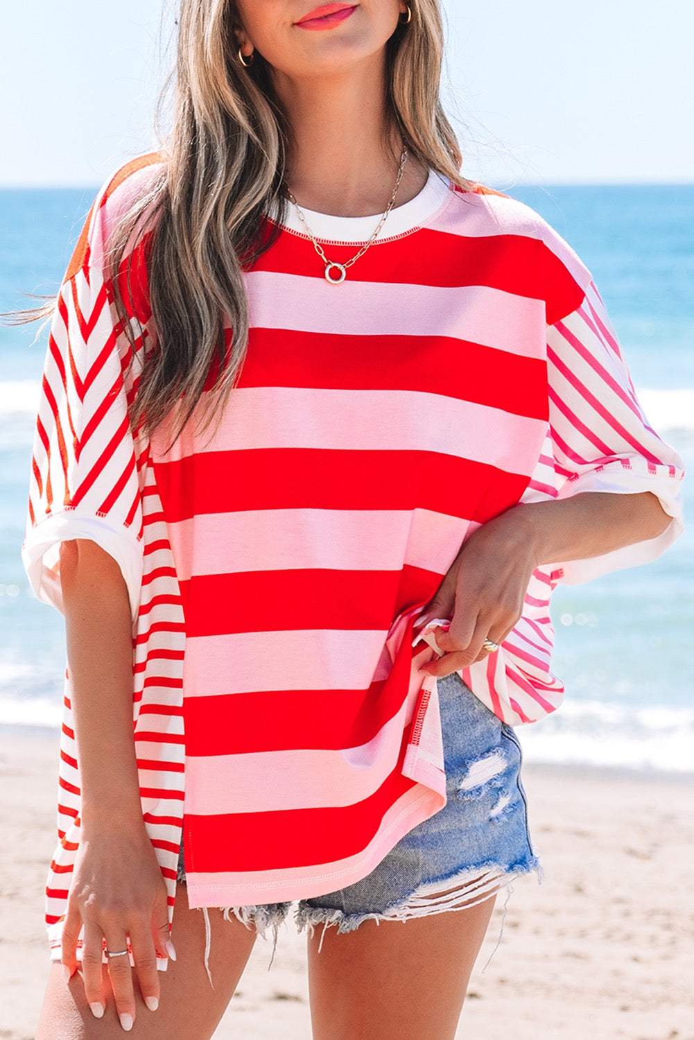 Pink Stripe Patchwork Round Neck Side Split Loose Tee