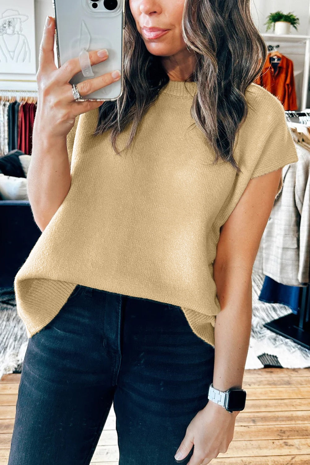 Beige Ribbed Short Sleeve Top