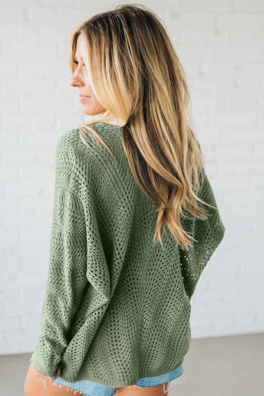 Green Scalloped Edge Eyelet Knit Batwing Sleeve Cardigan