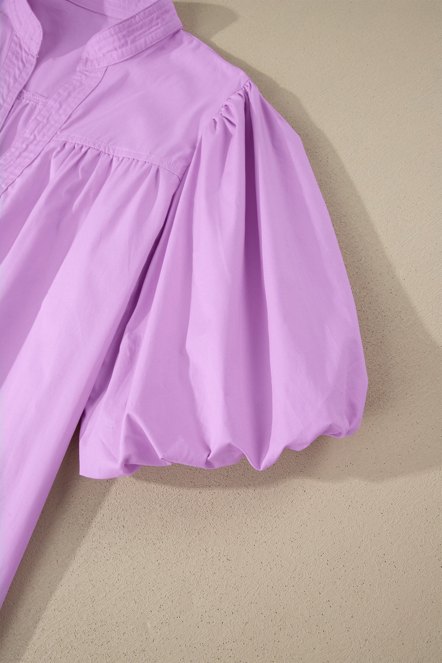 Purple Stitched Detail V Neck Puffy Half Sleeve Blouse
