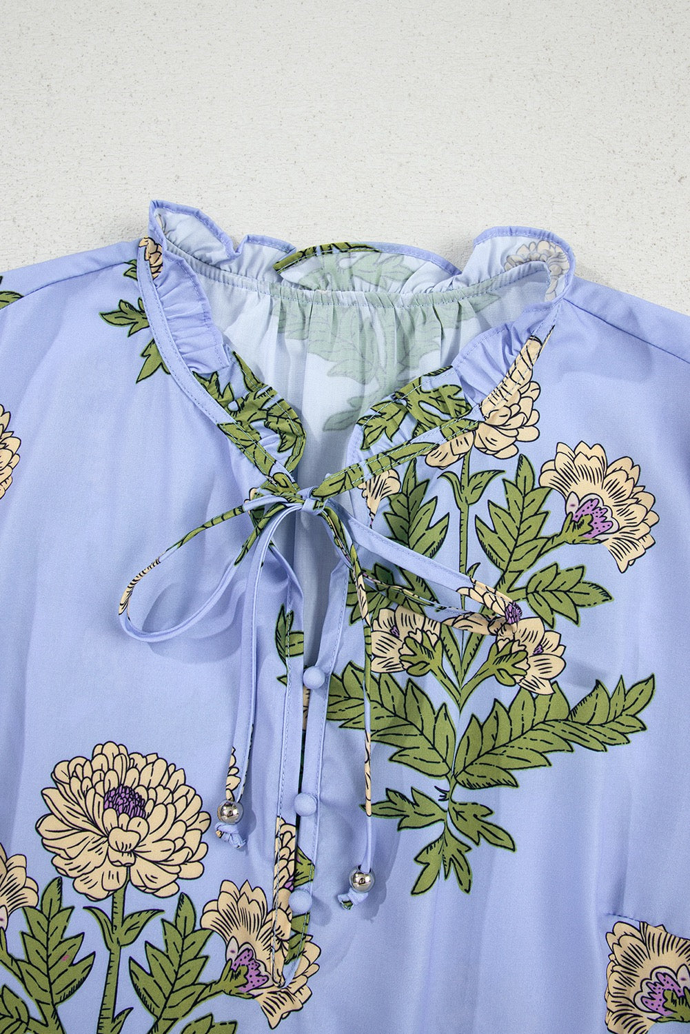 Blue Floral Print Button Tie Neck Long Sleeve Blouse