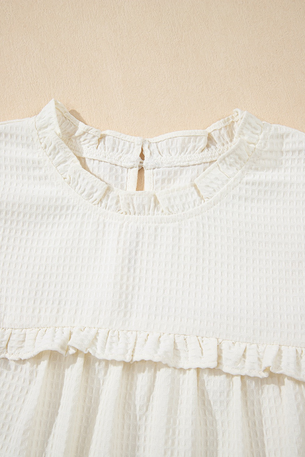 White Ruffle Trim Waffle Knit Blouse