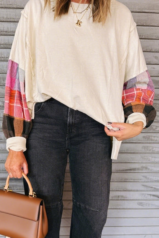 Beige Contrast Plaid Long Sleeve Exposed Seam Patchwork  Top