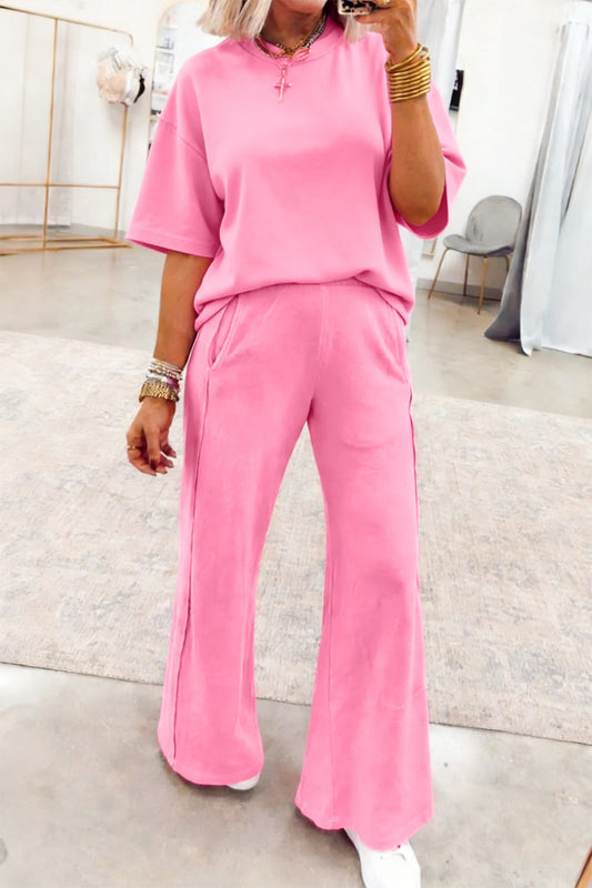 Pink Solid Cover Oversize Tee Pocketed Casual Pants 2pcs Outfit